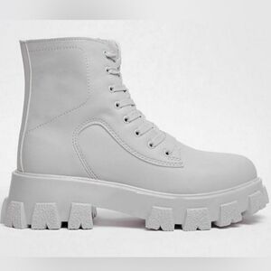 Nasty Gal Matte Grey Faux Leather Lace Up Chunky Boots